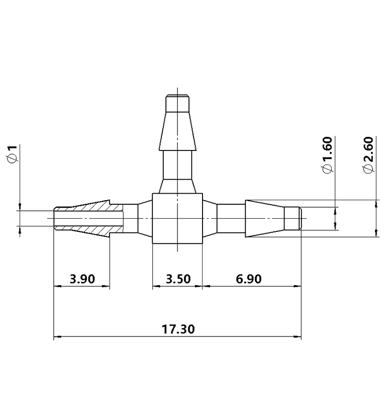 1.6mm(1/16)T型塑料三通